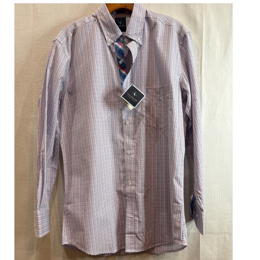 Tailorbyrd Mens Red Blue Tattersall Check Button Down Shirt Medium NWT